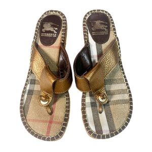 Burberry Nova Check Gold Espadrille Wedge Sandals 38
